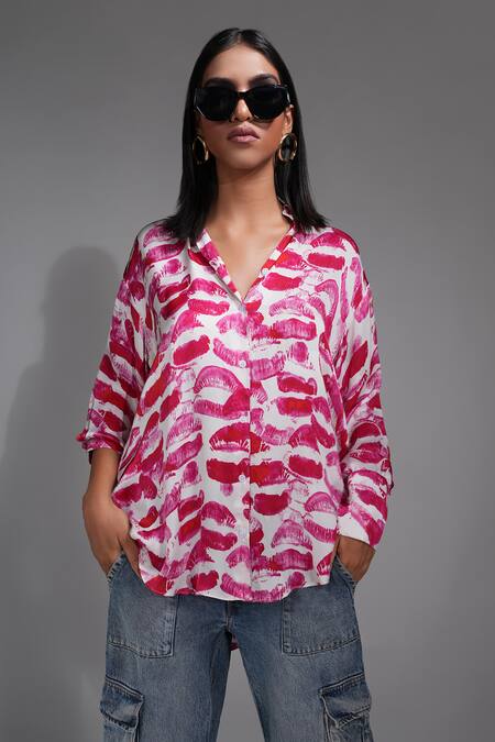 Shruti S_Pink Modal, Satin Collared Lips Print Shirt _Online_at_Aza_Fashions