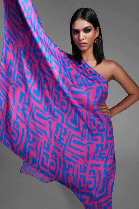 Shruti S Purple Cotton, Twill One Shoulder Abstract Print Asymmetric Tunic With Trousers Online at Aza Fashions Shruti S_Purple Cotton, Twill One Shoulder Abstract Print Asymmetric Tunic With Trousers _Online_at_Aza_Fashions