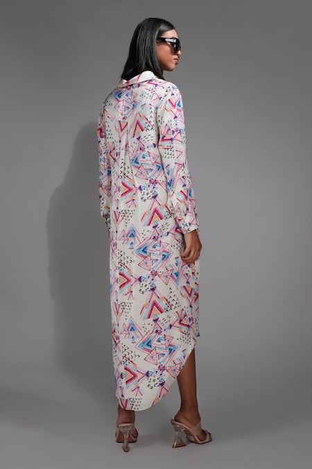Shop_Shruti S_Off White Modal, Satin Collared Geometric Print High-low Shirt Dress _at_Aza_Fashions