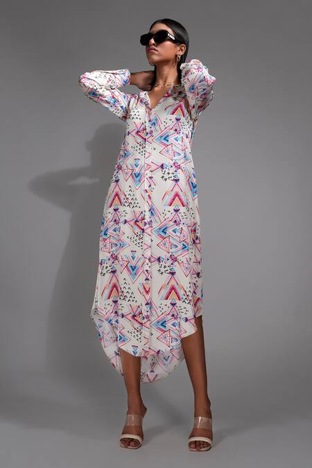 Shruti S_Off White Modal, Satin Collared Geometric Print High-low Shirt Dress _Online_at_Aza_Fashions