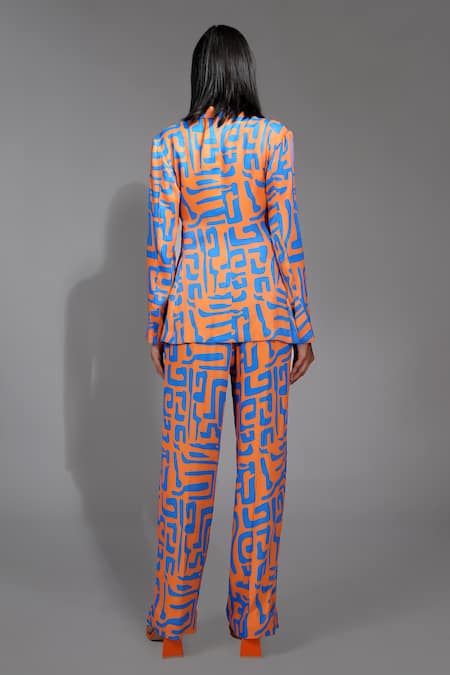 Shop Shruti S Orange Satin V-neck, Collared Abstract Print Front Tie Jacket Pant Set at Aza Fashions Shop_Shruti S_Orange Satin V-neck, Collared Abstract Print Front Tie Jacket Pant Set _at_Aza_Fashions