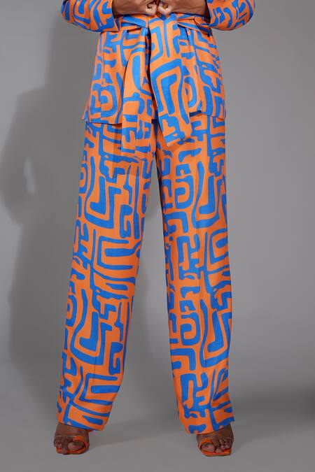 Shruti S Orange Satin V-neck, Collared Abstract Print Front Tie Jacket Pant Set Online at Aza Fashions Shruti S_Orange Satin V-neck, Collared Abstract Print Front Tie Jacket Pant Set _Online_at_Aza_Fashions