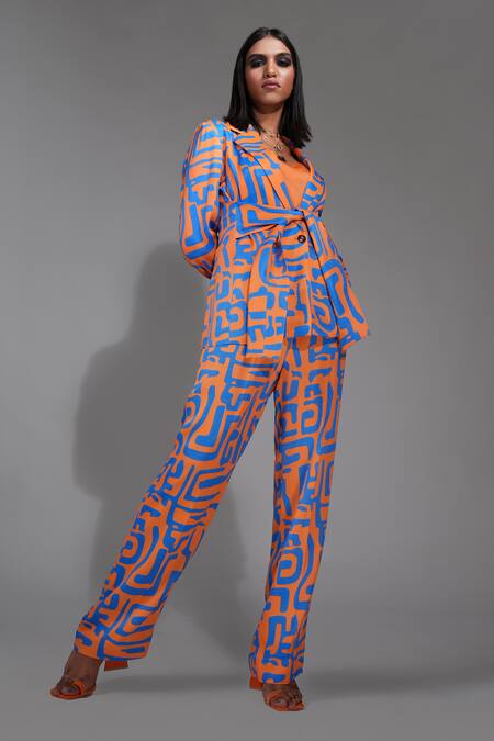 Buy Shruti S Orange Satin V-neck, Collared Abstract Print Front Tie Jacket Pant Set Online at Aza Fashions Buy_Shruti S_Orange Satin V-neck, Collared Abstract Print Front Tie Jacket Pant Set _Online_at_Aza_Fashions