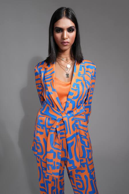 Shop Shruti S Orange Satin V-neck, Collared Abstract Print Front Tie Jacket Pant Set Online at Aza Fashions Shop_Shruti S_Orange Satin V-neck, Collared Abstract Print Front Tie Jacket Pant Set _Online_at_Aza_Fashions