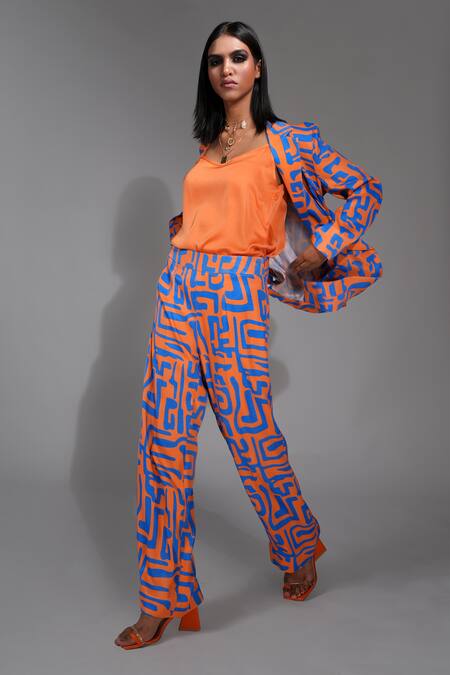 Shruti S Orange Satin V-neck, Collared Abstract Print Front Tie Jacket Pant Set at Aza Fashions Shruti S_Orange Satin V-neck, Collared Abstract Print Front Tie Jacket Pant Set _at_Aza_Fashions