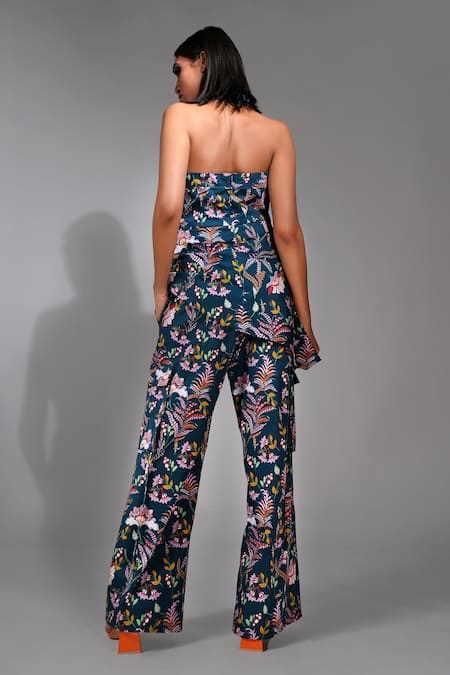 Shop Shruti S Blue Cotton Halter Neck Floral Print Asymmetric Peplum Top With Cargo Trouser at Aza Fashions Shop_Shruti S_Blue Cotton Halter Neck Floral Print Asymmetric Peplum Top With Cargo Trouser _at_Aza_Fashions