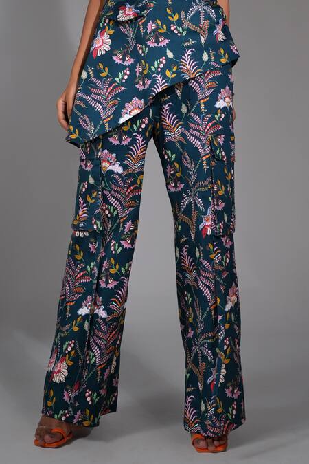 Buy Shruti S Blue Cotton Halter Neck Floral Print Asymmetric Peplum Top With Cargo Trouser Online at Aza Fashions Buy_Shruti S_Blue Cotton Halter Neck Floral Print Asymmetric Peplum Top With Cargo Trouser _Online_at_Aza_Fashions