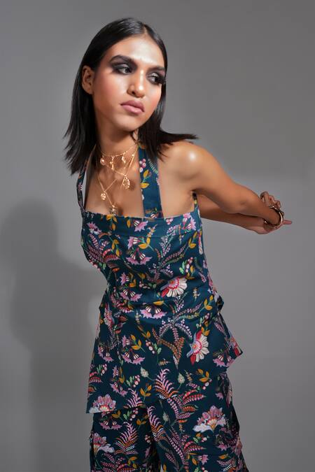 Buy Shruti S Blue Cotton Halter Neck Floral Print Asymmetric Peplum Top With Cargo Trouser Buy_Shruti S_Blue Cotton Halter Neck Floral Print Asymmetric Peplum Top With Cargo Trouser
