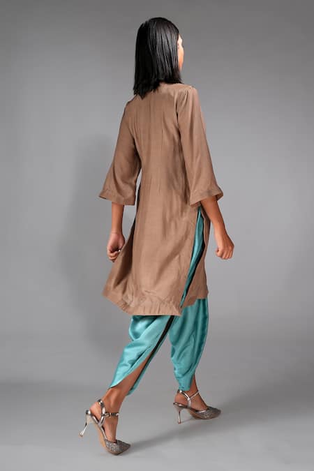 Shop Shruti S Brown Muslin, Modal Applique V-neck Kurta With Tulip Salwar at Aza Fashions Shop_Shruti S_Brown Muslin, Modal Applique V-neck Kurta With Tulip Salwar _at_Aza_Fashions