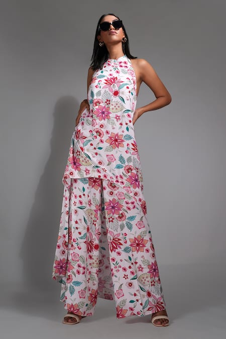 Shruti S Off White Natural Modal Satin Print Floral Band Collar High-low Kurta With Pant