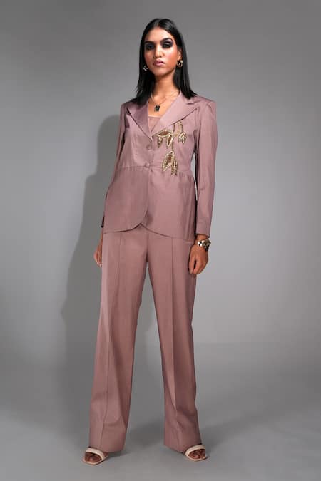 Shruti S Pink Cotton Embellished Sequin Jacket Lapel Collar Trouser Set