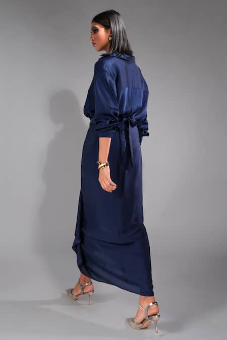 Shop Shruti S Blue Modal, Satin Collared Solid Shirt With Wrap Skirt at Aza Fashions Shop_Shruti S_Blue Modal, Satin Collared Solid Shirt With Wrap Skirt _at_Aza_Fashions