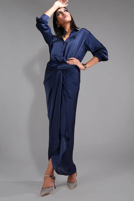 Shruti S Blue Modal, Satin Collared Solid Shirt With Wrap Skirt Online at Aza Fashions Shruti S_Blue Modal, Satin Collared Solid Shirt With Wrap Skirt _Online_at_Aza_Fashions