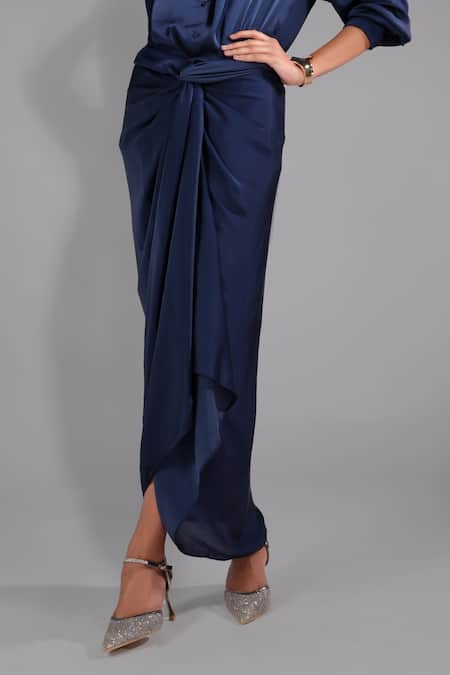 Buy Shruti S Blue Modal, Satin Collared Solid Shirt With Wrap Skirt Online at Aza Fashions Buy_Shruti S_Blue Modal, Satin Collared Solid Shirt With Wrap Skirt _Online_at_Aza_Fashions