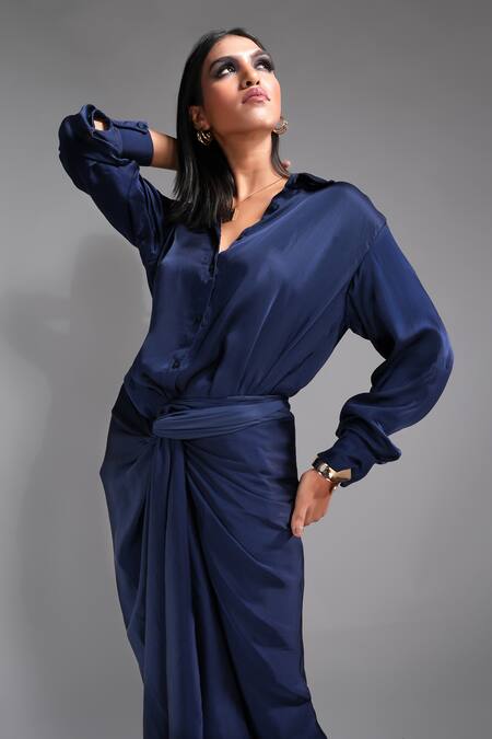 Shop Shruti S Blue Modal, Satin Collared Solid Shirt With Wrap Skirt Online at Aza Fashions Shop_Shruti S_Blue Modal, Satin Collared Solid Shirt With Wrap Skirt _Online_at_Aza_Fashions