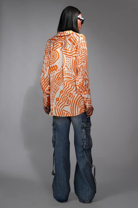Shop Shruti S Orange Modal, Satin Collared Abstract Print Shirt at Aza Fashions Shop_Shruti S_Orange Modal, Satin Collared Abstract Print Shirt _at_Aza_Fashions