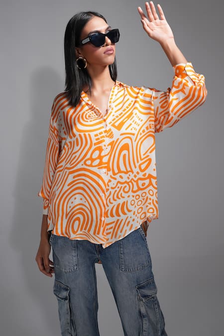 Shruti S Orange Modal, Satin Collared Abstract Print Shirt Online at Aza Fashions Shruti S_Orange Modal, Satin Collared Abstract Print Shirt _Online_at_Aza_Fashions