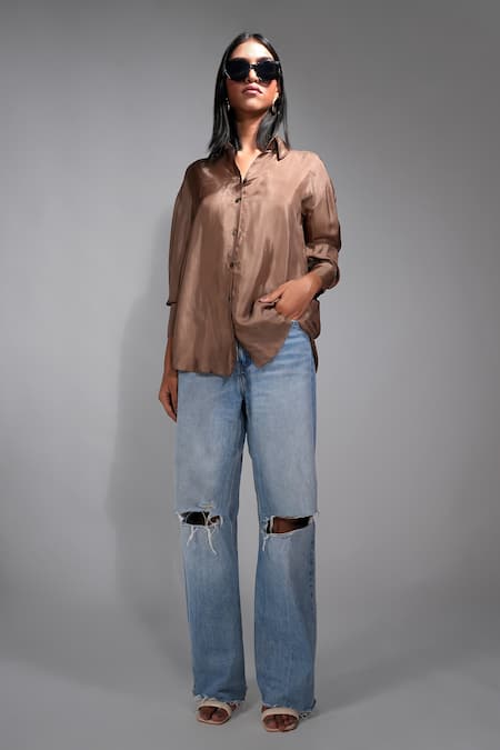 Shruti S Brown Silk Solid Lace Tassels Stand Collar Shirt 