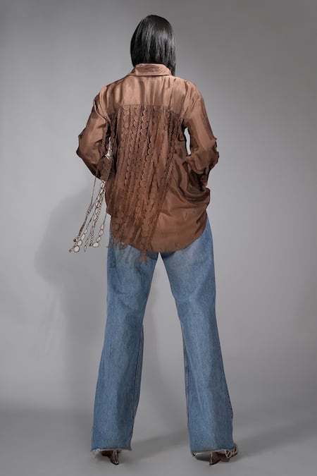 Shop Shruti S Brown Silk Lace Collared Tasselled Shirt at Aza Fashions Shop_Shruti S_Brown Silk Lace Collared Tasselled Shirt _at_Aza_Fashions