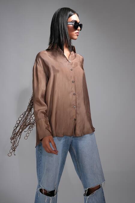 Shruti S Brown Silk Lace Collared Tasselled Shirt Online at Aza Fashions Shruti S_Brown Silk Lace Collared Tasselled Shirt _Online_at_Aza_Fashions