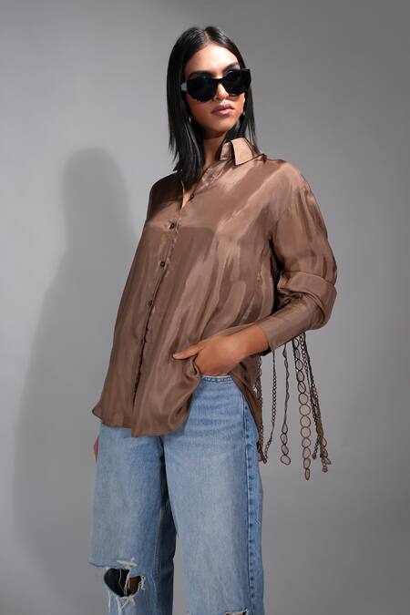 Buy Shruti S Brown Silk Lace Collared Tasselled Shirt Online at Aza Fashions Buy_Shruti S_Brown Silk Lace Collared Tasselled Shirt _Online_at_Aza_Fashions