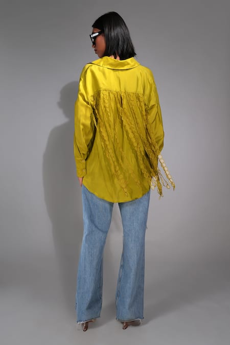 Shop Shruti S Green Silk Lace Collared Tassel Placement Shirt at Aza Fashions Shop_Shruti S_Green Silk Lace Collared Tassel Placement Shirt _at_Aza_Fashions