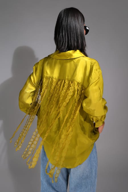 Shruti S Green Silk Lace Collared Tassel Placement Shirt Online at Aza Fashions Shruti S_Green Silk Lace Collared Tassel Placement Shirt _Online_at_Aza_Fashions