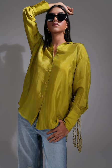 Buy Shruti S Green Silk Lace Collared Tassel Placement Shirt Online at Aza Fashions Buy_Shruti S_Green Silk Lace Collared Tassel Placement Shirt _Online_at_Aza_Fashions