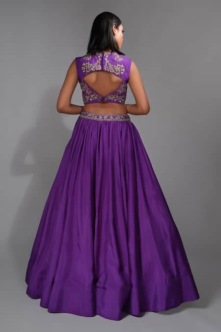Shop Shruti S Purple Silk, Georgette Embroidery, Zari V-neck Blouse Lehenga Set at Aza Fashions Shop_Shruti S_Purple Silk, Georgette Embroidery, Zari V-neck Blouse Lehenga Set _at_Aza_Fashions
