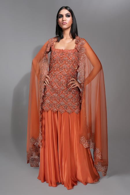 Shruti S Orange Kurta Silk Embroidered Zari Square Sharara Set