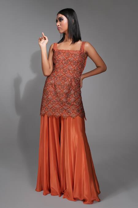 Shruti S_Orange Silk, Crepe, Organza Embroidery, Zari Square Neck Kurta Sharara Set _Online_at_Aza_Fashions