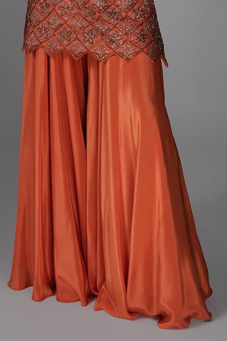 Buy_Shruti S_Orange Silk, Crepe, Organza Embroidery, Zari Square Neck Kurta Sharara Set _Online_at_Aza_Fashions