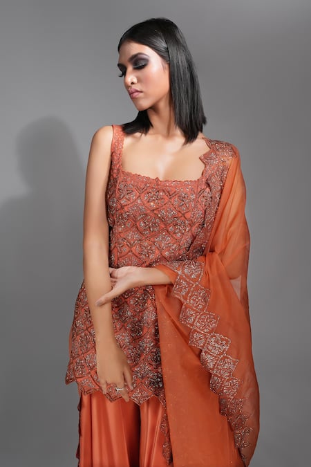 Shop_Shruti S_Orange Silk, Crepe, Organza Embroidery, Zari Square Neck Kurta Sharara Set _Online_at_Aza_Fashions