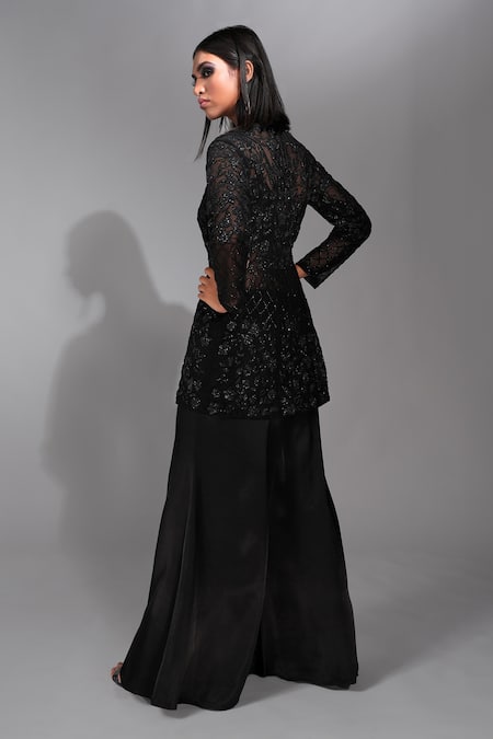 Shop Shruti S Black Silk Satin, Satin, Net Beads, Sequins Embellished Peplum Kurta Sharara Set at Aza Fashions Shop_Shruti S_Black Silk Satin, Satin, Net Beads, Sequins Embellished Peplum Kurta Sharara Set _at_Aza_Fashions