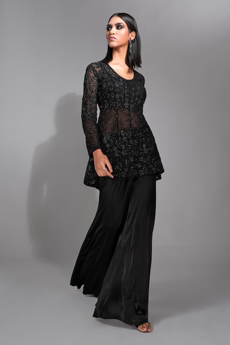 Shruti S Black Silk Satin, Satin, Net Beads, Sequins Embellished Peplum Kurta Sharara Set Online at Aza Fashions Shruti S_Black Silk Satin, Satin, Net Beads, Sequins Embellished Peplum Kurta Sharara Set _Online_at_Aza_Fashions