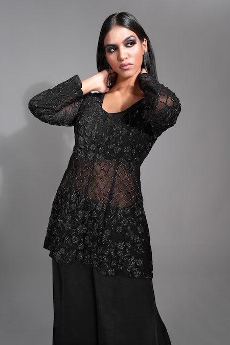 Shop Shruti S Black Silk Satin, Satin, Net Beads, Sequins Embellished Peplum Kurta Sharara Set Online at Aza Fashions Shop_Shruti S_Black Silk Satin, Satin, Net Beads, Sequins Embellished Peplum Kurta Sharara Set _Online_at_Aza_Fashions