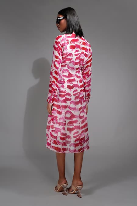 Shop Shruti S Pink Georgette Collared Lips Print Shirt Dress at Aza Fashions Shop_Shruti S_Pink Georgette Collared Lips Print Shirt Dress _at_Aza_Fashions