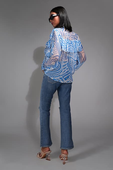 Shop Shruti S Blue Chiffon Ruffles Mandarin Collar Abstract Print Shirt at Aza Fashions Shop_Shruti S_Blue Chiffon Ruffles Mandarin Collar Abstract Print Shirt _at_Aza_Fashions