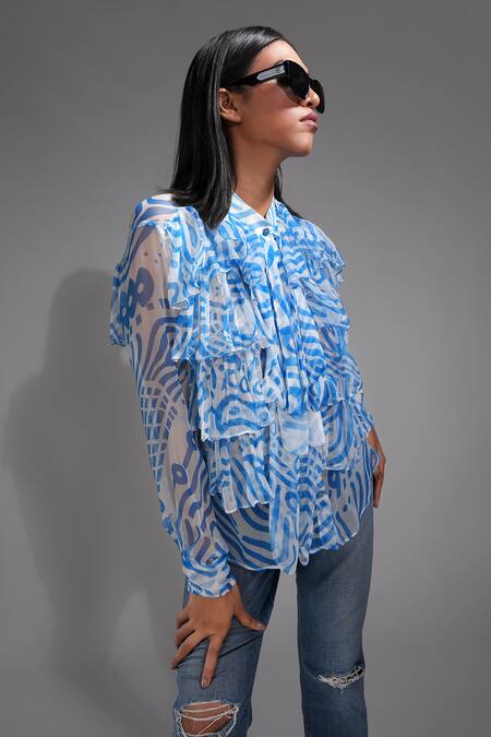 Shruti S Blue Chiffon Ruffles Mandarin Collar Abstract Print Shirt Online at Aza Fashions Shruti S_Blue Chiffon Ruffles Mandarin Collar Abstract Print Shirt _Online_at_Aza_Fashions