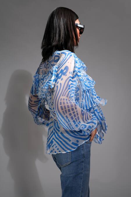 Buy Shruti S Blue Chiffon Ruffles Mandarin Collar Abstract Print Shirt Online at Aza Fashions Buy_Shruti S_Blue Chiffon Ruffles Mandarin Collar Abstract Print Shirt _Online_at_Aza_Fashions