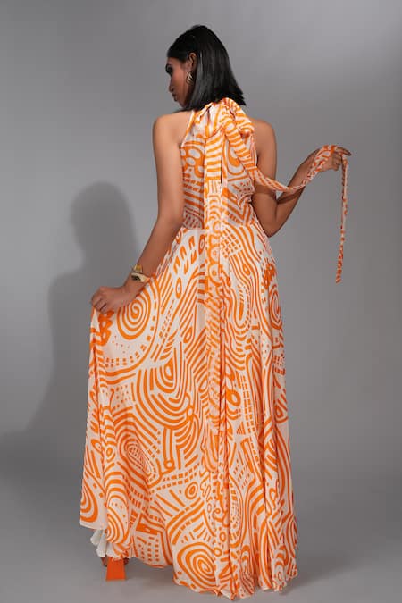 Shop Shruti S Orange Organza, Velvet Bandeau Neck Geometric Print Slit Dress at Aza Fashions Shop_Shruti S_Orange Organza, Velvet Bandeau Neck Geometric Print Slit Dress _at_Aza_Fashions
