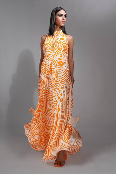 Buy Shruti S Orange Organza, Velvet Bandeau Neck Geometric Print Slit Dress Online at Aza Fashions Buy_Shruti S_Orange Organza, Velvet Bandeau Neck Geometric Print Slit Dress _Online_at_Aza_Fashions