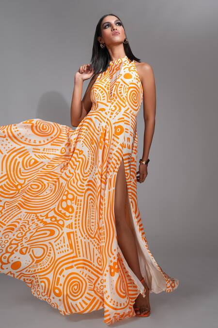 Shop Shruti S Orange Organza, Velvet Bandeau Neck Geometric Print Slit Dress Online at Aza Fashions Shop_Shruti S_Orange Organza, Velvet Bandeau Neck Geometric Print Slit Dress _Online_at_Aza_Fashions