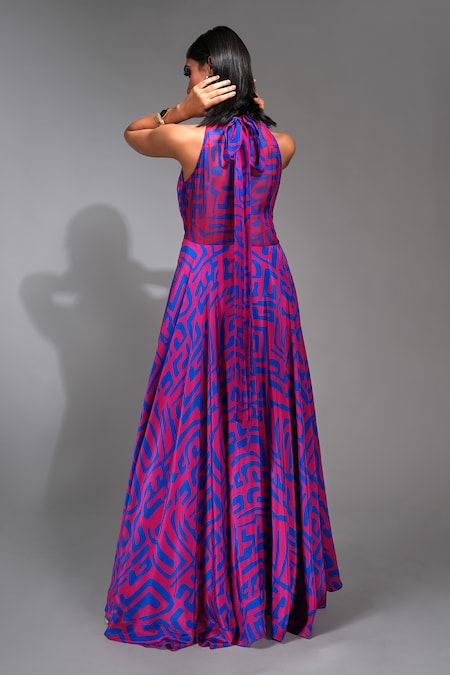 Shop Shruti S Purple Organza, Crepe Bandeau Neck Slit Geometric Print Dress at Aza Fashions Shop_Shruti S_Purple Organza, Crepe Bandeau Neck Slit Geometric Print Dress _at_Aza_Fashions