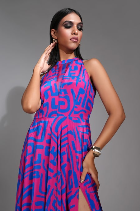 Buy Shruti S Purple Organza, Crepe Bandeau Neck Slit Geometric Print Dress Online at Aza Fashions Buy_Shruti S_Purple Organza, Crepe Bandeau Neck Slit Geometric Print Dress _Online_at_Aza_Fashions