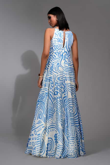 Shop Shruti S Blue Georgette Square Neck Wave Print Slit Dress at Aza Fashions Shop_Shruti S_Blue Georgette Square Neck Wave Print Slit Dress _at_Aza_Fashions