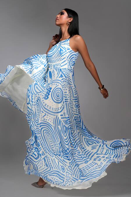 Shruti S Blue Georgette Square Neck Wave Print Slit Dress Online at Aza Fashions Shruti S_Blue Georgette Square Neck Wave Print Slit Dress _Online_at_Aza_Fashions