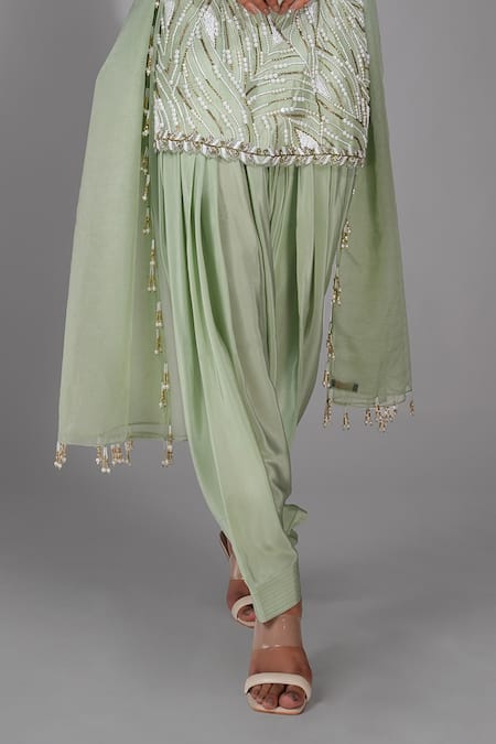 Shruti S_Green Silk, Organza, Crepe Pearls, Beads Embellished Strappy Kurta Salwar Set _Online_at_Aza_Fashions