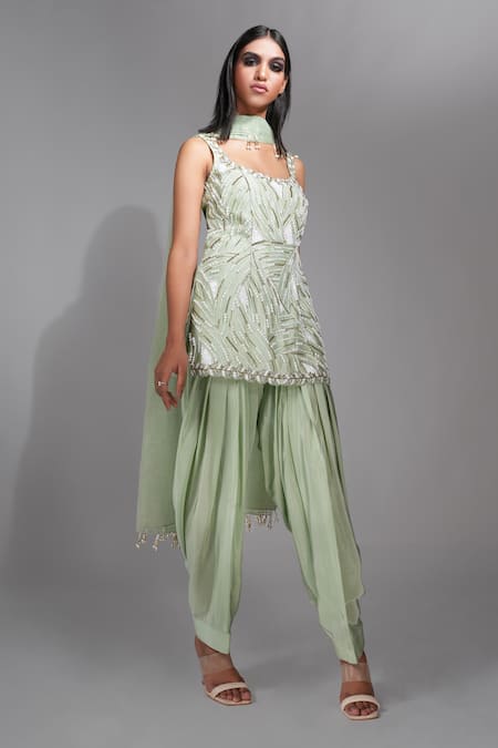 Shop_Shruti S_Green Silk, Organza, Crepe Pearls, Beads Embellished Strappy Kurta Salwar Set _Online_at_Aza_Fashions