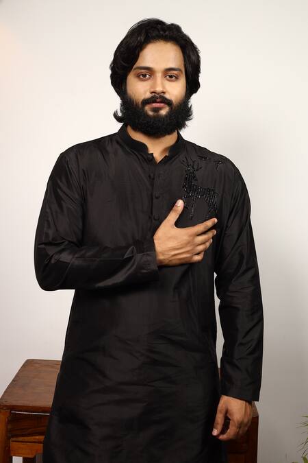 Shop_Hilo Design_Black Silk Cut Work Reindeer Placement Embroidered Kurta _Online_at_Aza_Fashions
